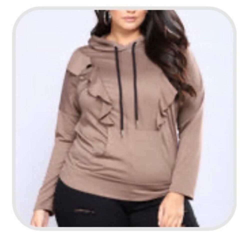 Fashion nova it’s pretty cute mocha color ruffle blouse with hood PLUS size 1 X